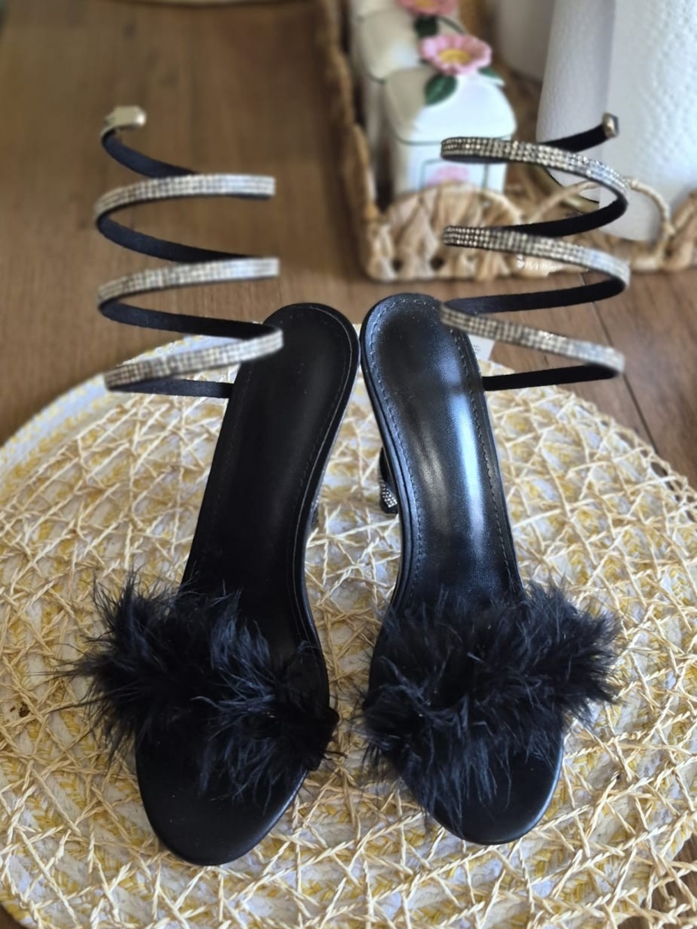 Black Feather Slide Sandals with Rhinestone Wrap Straps